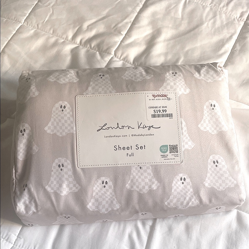 Halloween Checkered Ghost Print Sheet Set - Full, Cream